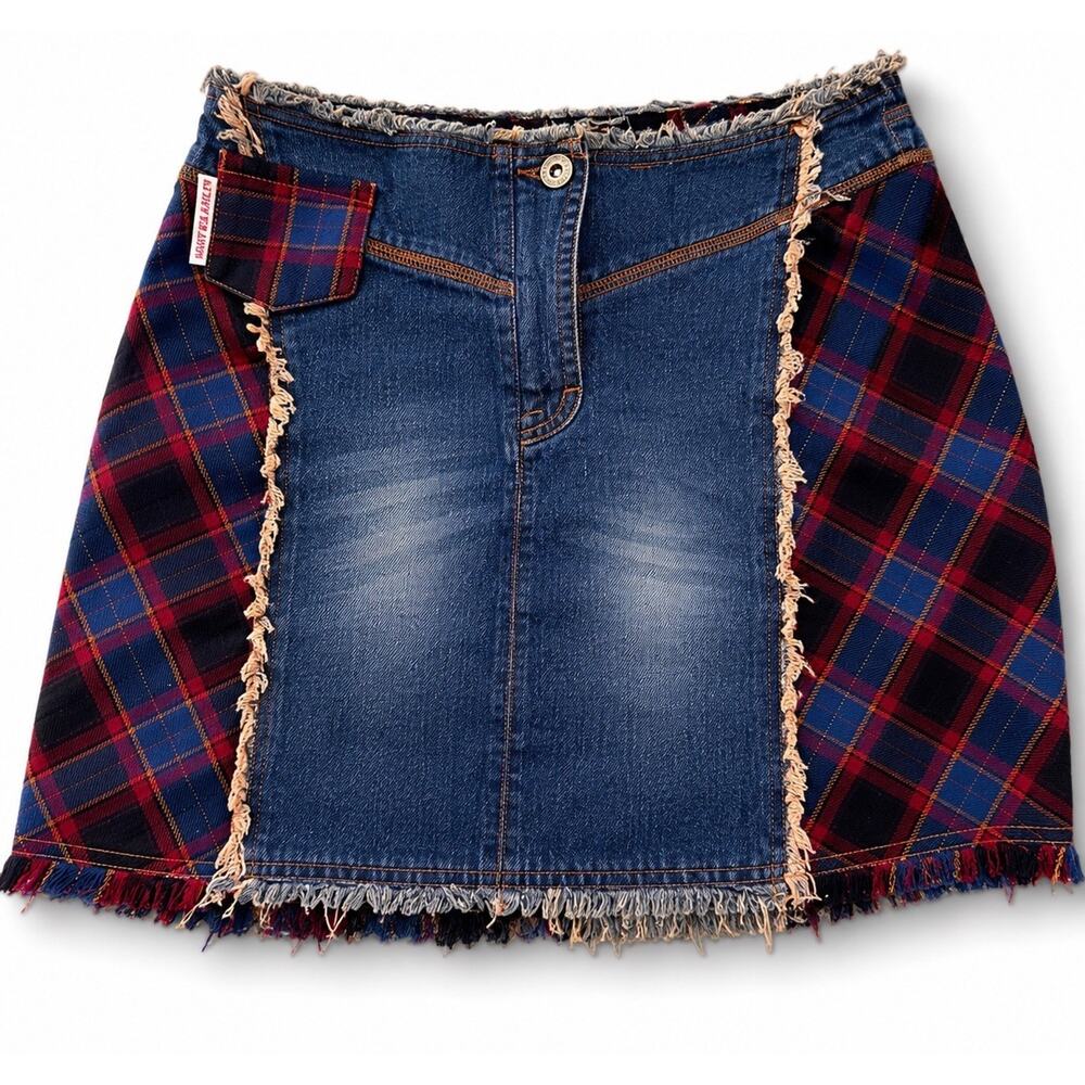 Mary Kate Ashley Y2K Patchwork Denim Plaid Mini Skirt Grunge Emo Mall Goth Vtg S